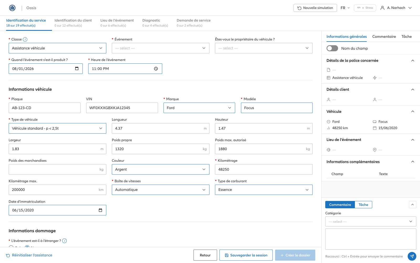 Interface de simulation Oasis, création de dossier