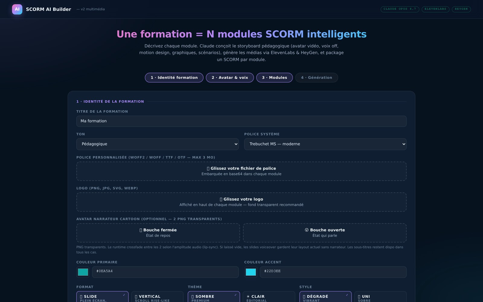 Interface de l'outil SCORM AI Builder